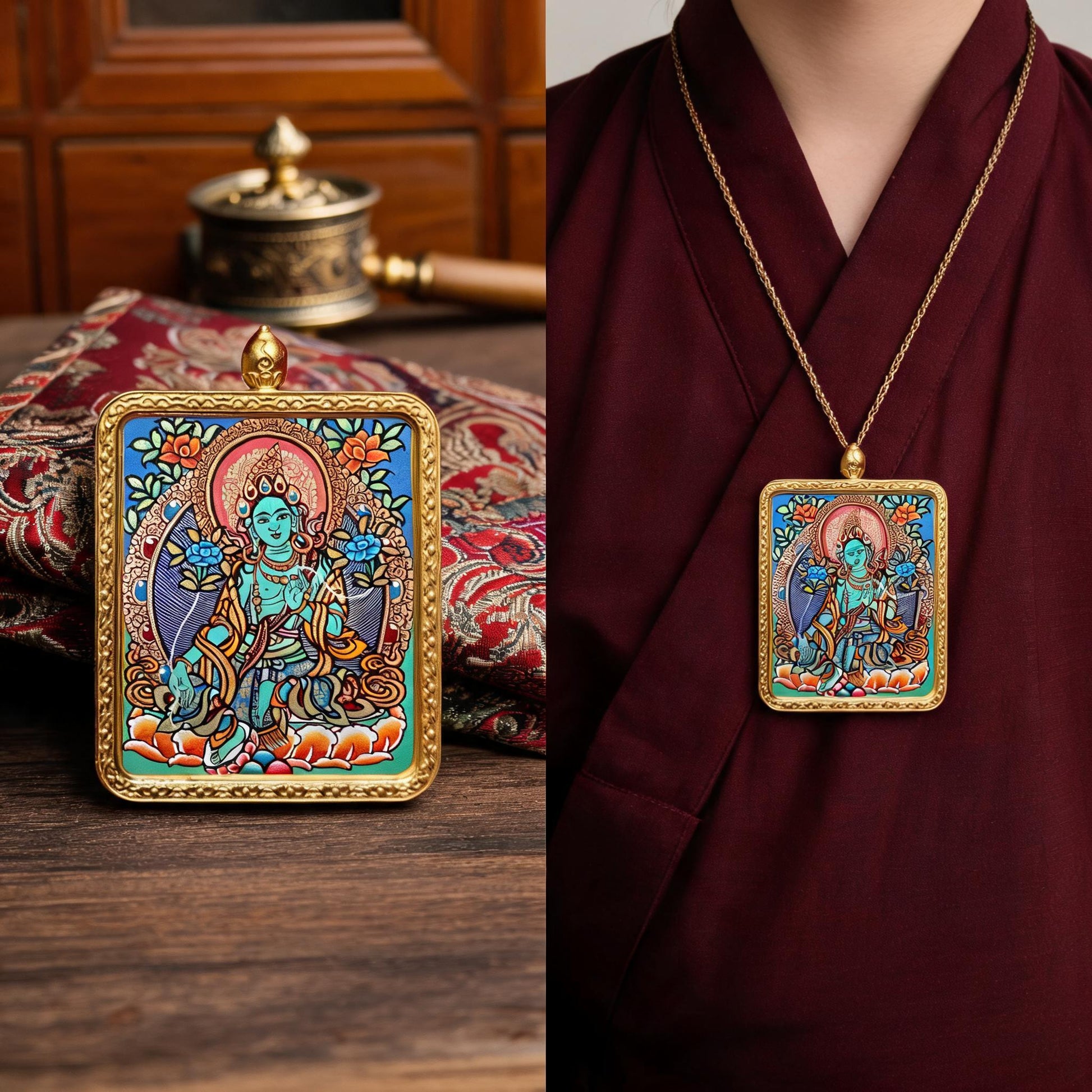 Green Tara hand-painted Thangka pendant proportional wearing view