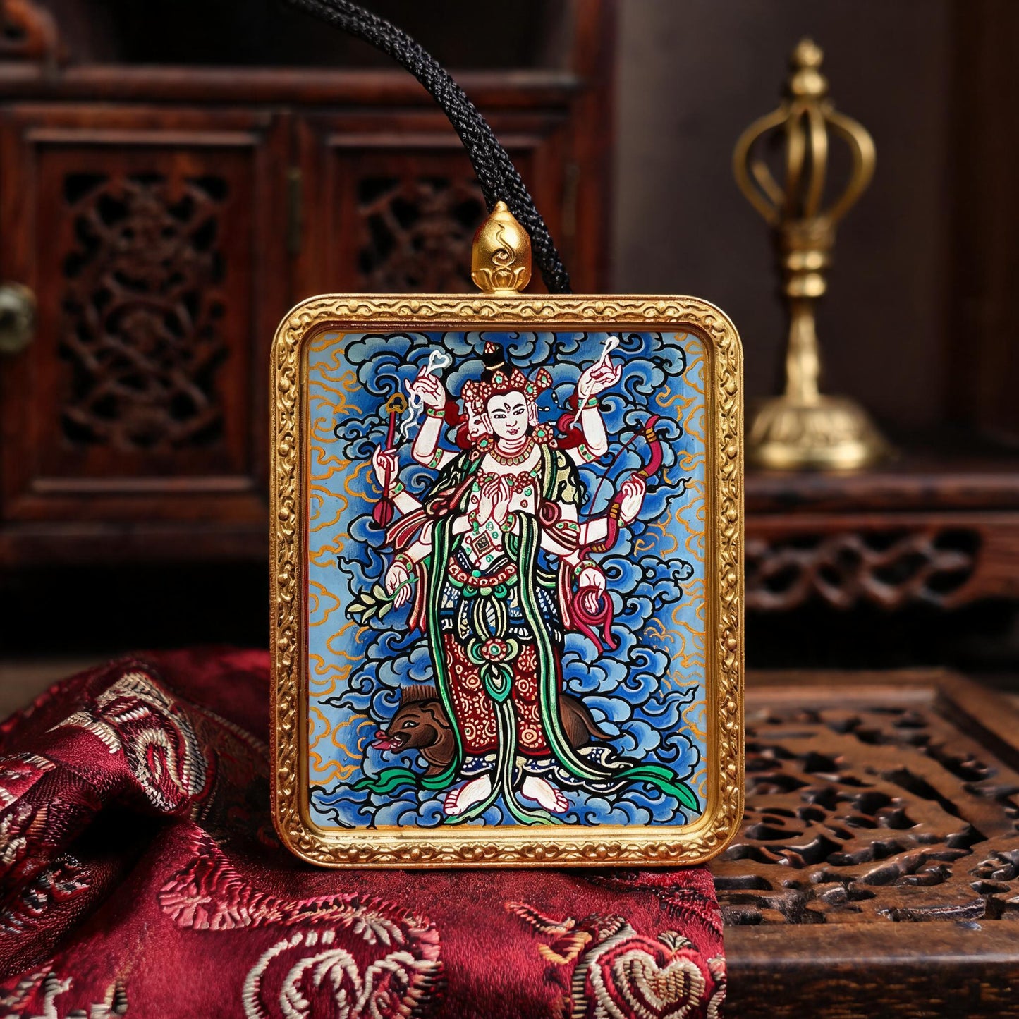 Marici hand-painted Thangka pendant front hero view