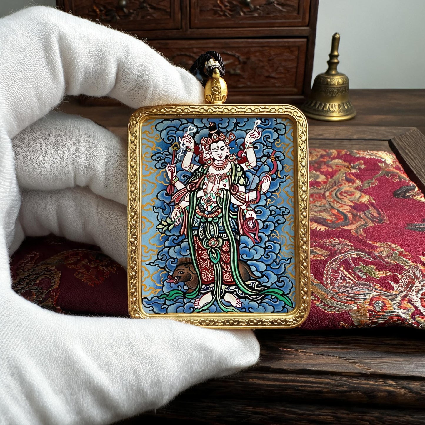 Marici hand-painted Thangka pendant white-glove collector inspection