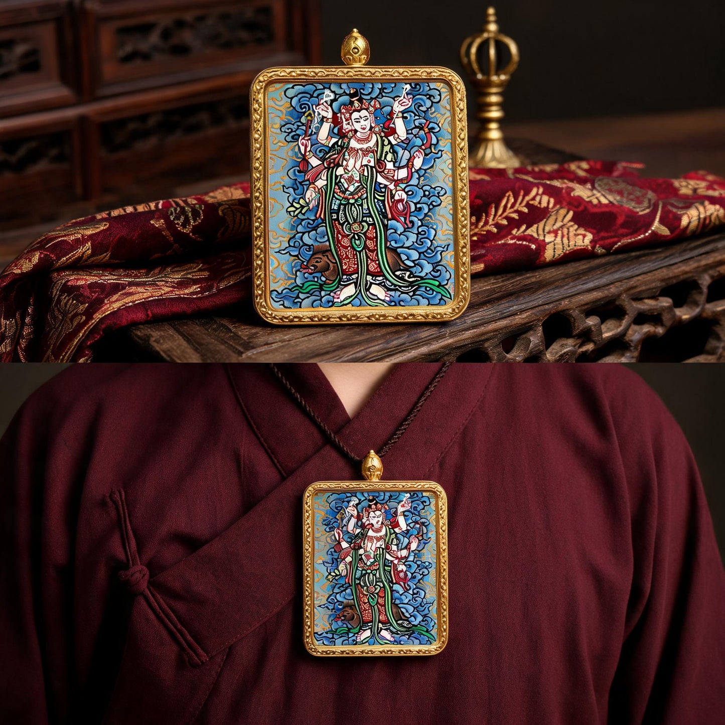 Marici hand-painted Thangka pendant proportional wearing view