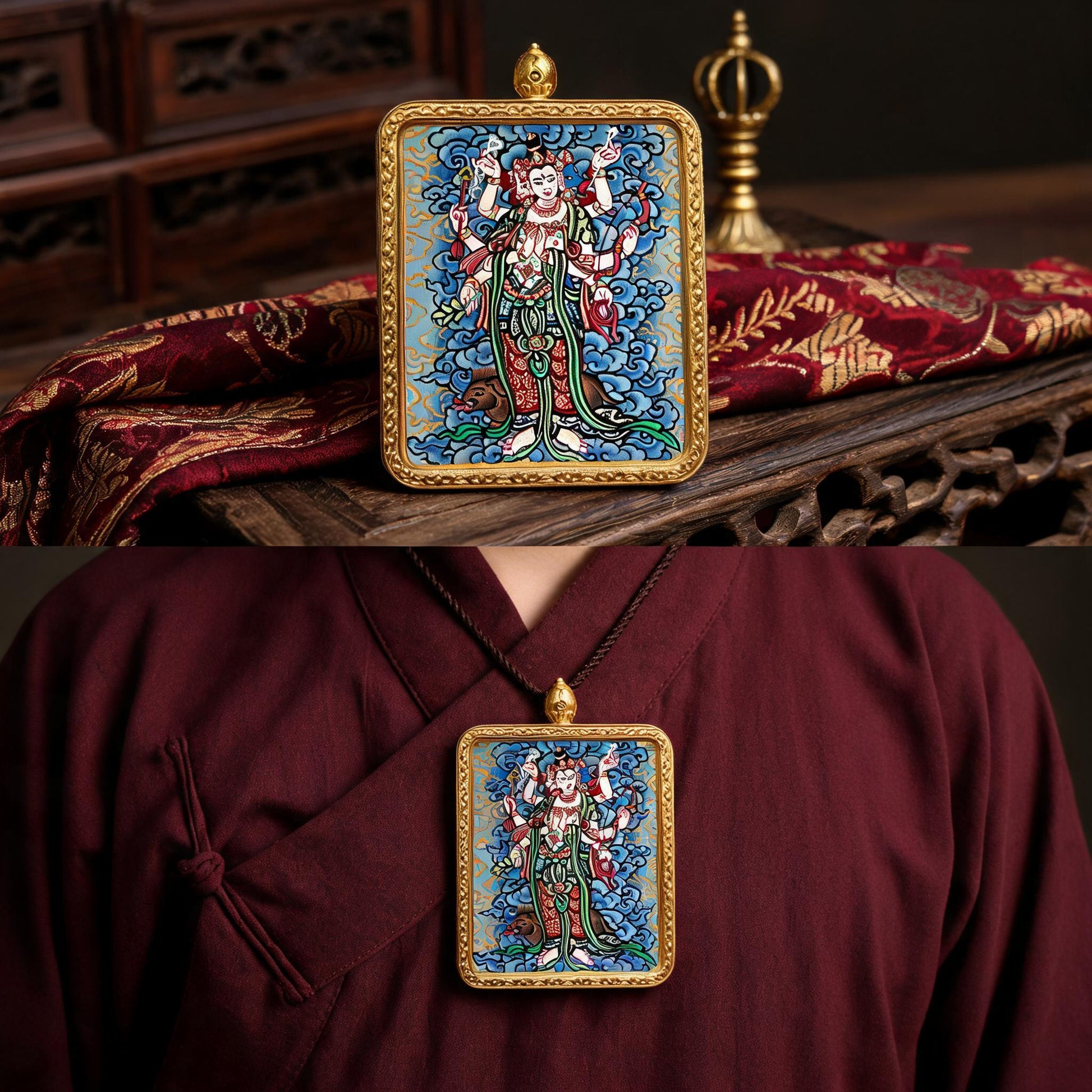Marici hand-painted Thangka pendant proportional wearing view