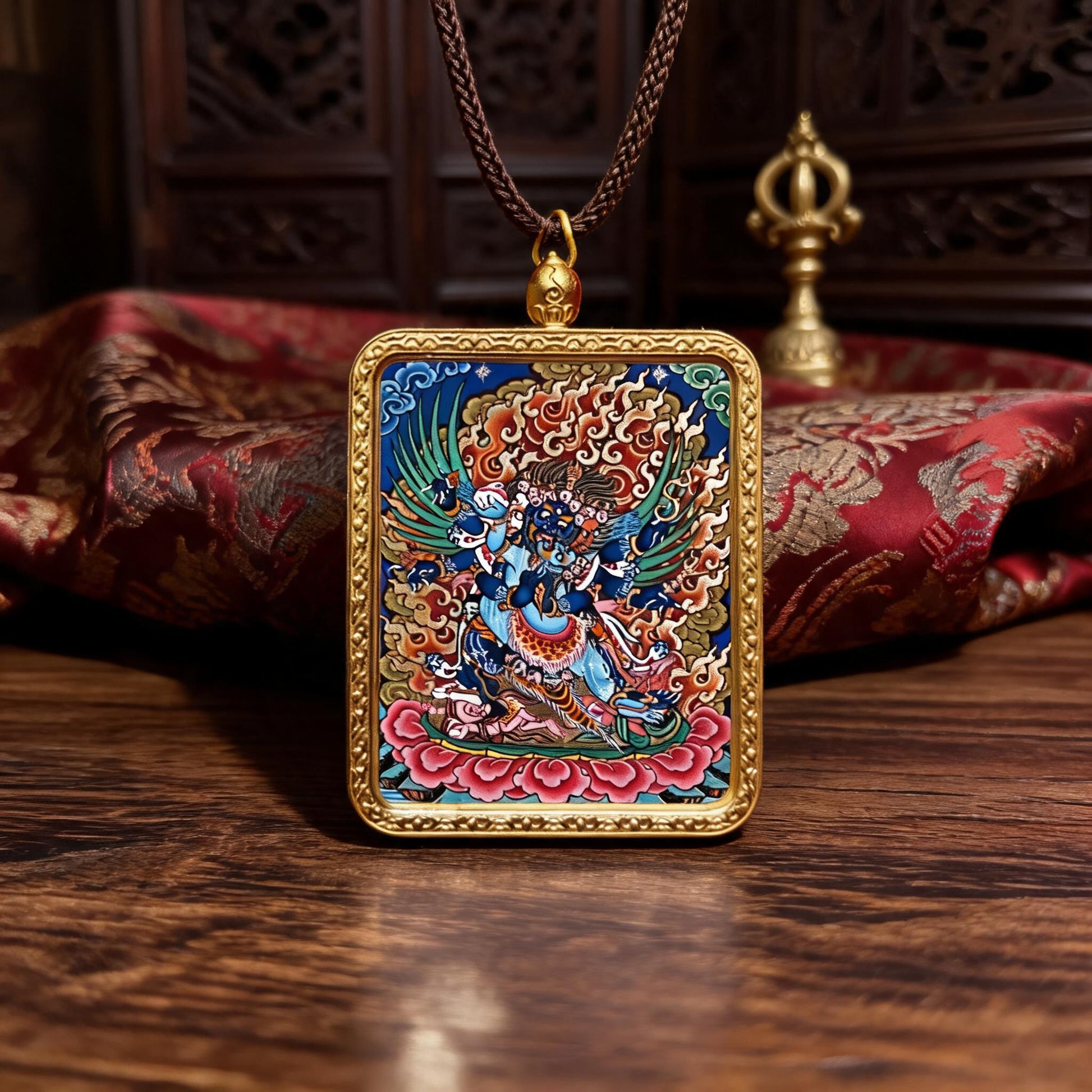 Vajrakilaya hand-painted Thangka pendant front hero view