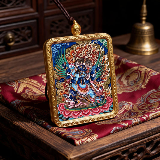Vajrakilaya hand-painted Thangka pendant three-quarter side view