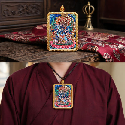 Vajrakilaya hand-painted Thangka pendant proportional wearing view