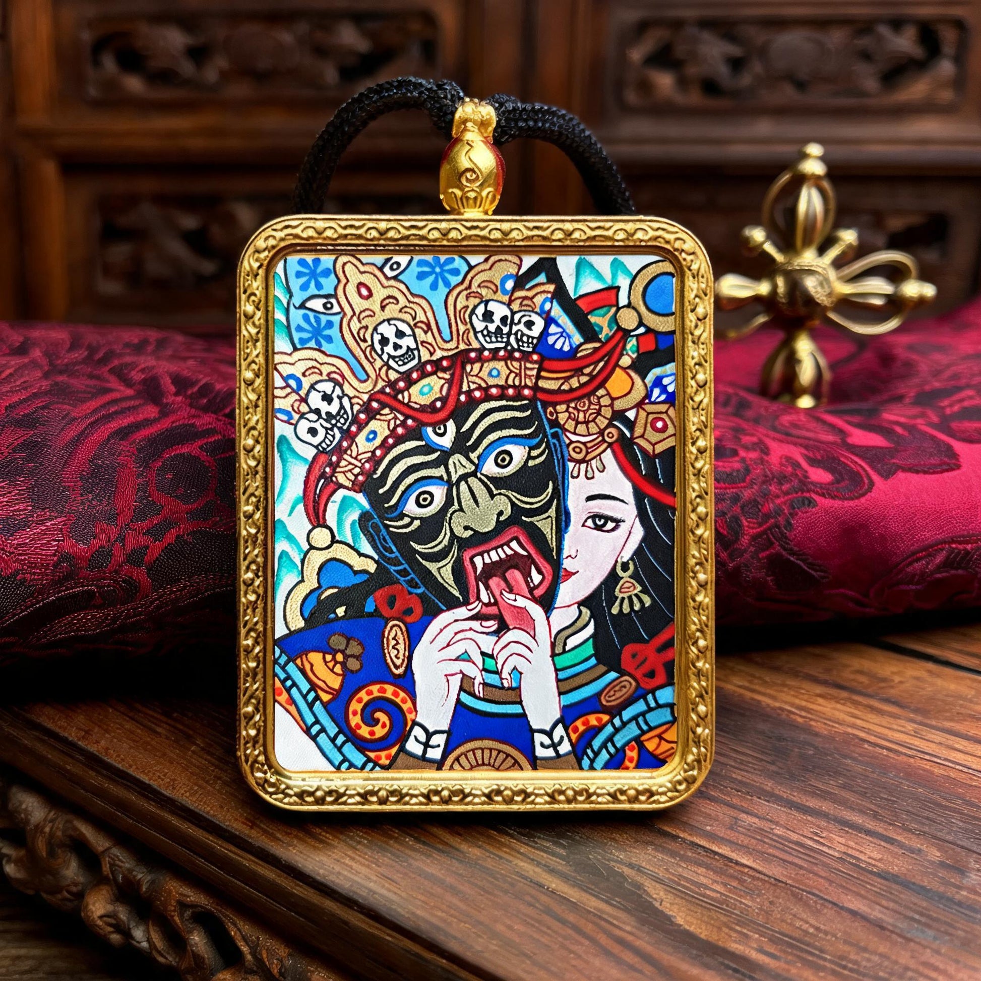 Past and Present Life Sacred Motif hand-painted Thangka pendant front hero view