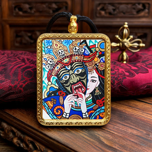 Past and Present Life Sacred Motif hand-painted Thangka pendant front hero view