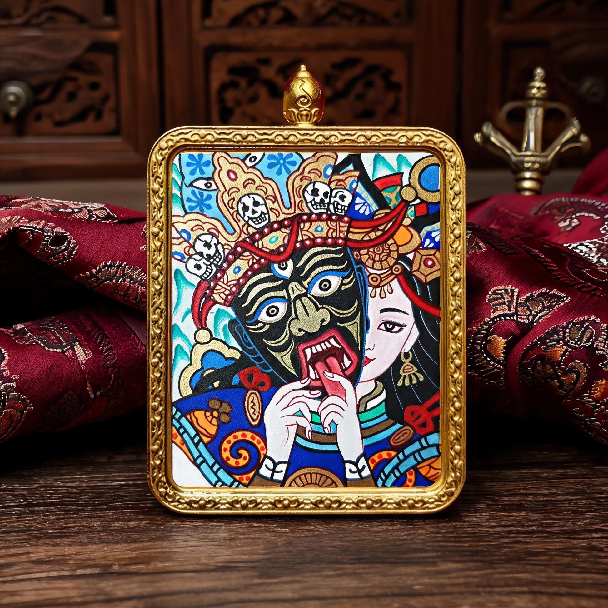 Past and Present Life Sacred Motif hand-painted Thangka pendant hand-painted macro detail