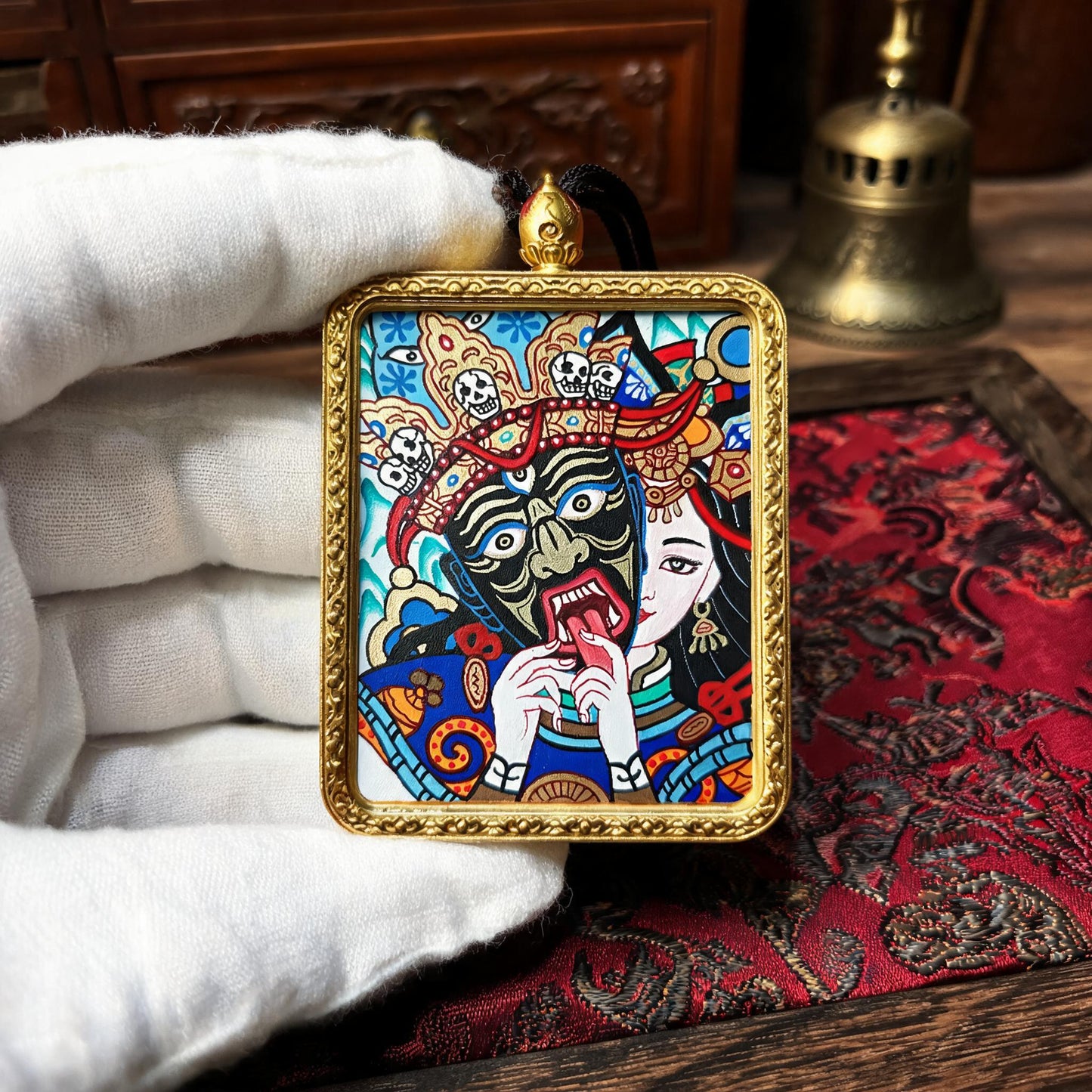 Past and Present Life Sacred Motif hand-painted Thangka pendant white-glove collector inspection