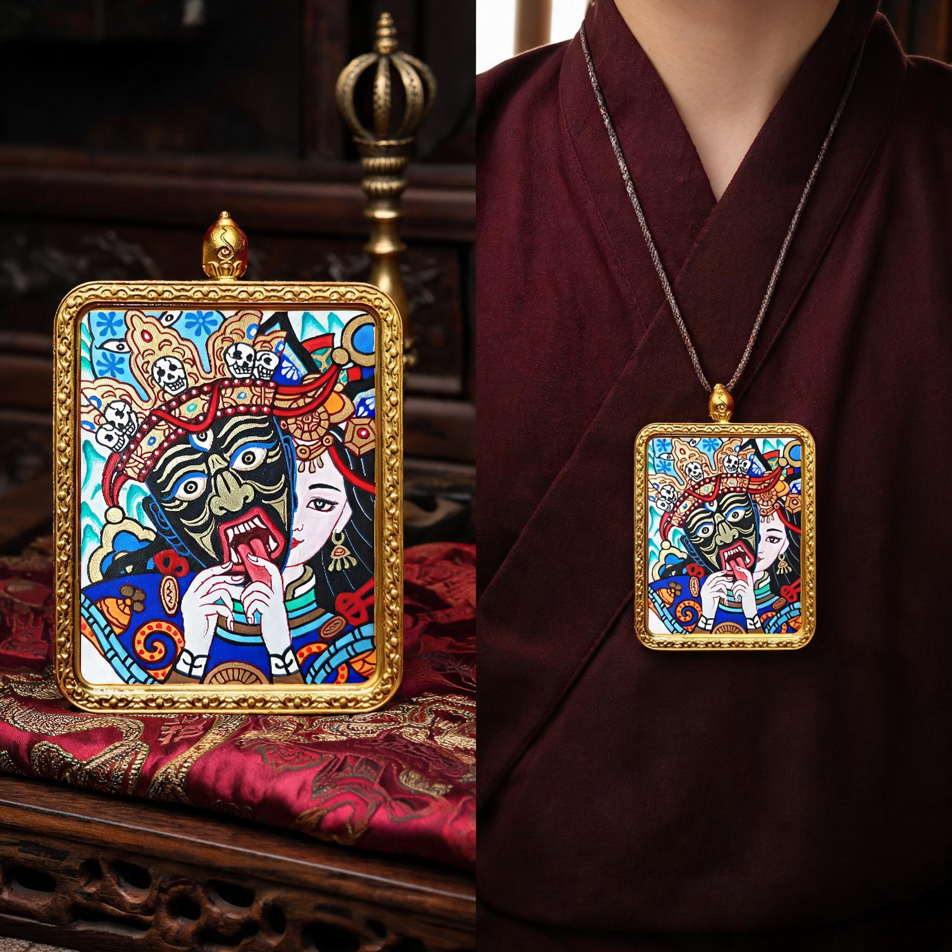 Past and Present Life Sacred Motif hand-painted Thangka pendant proportional wearing view
