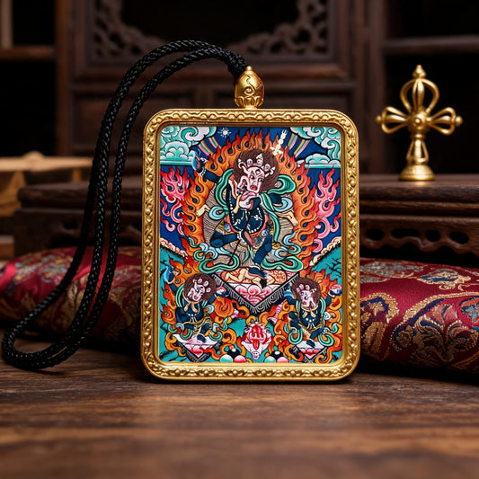 Simhamukha hand-painted Thangka pendant front hero view