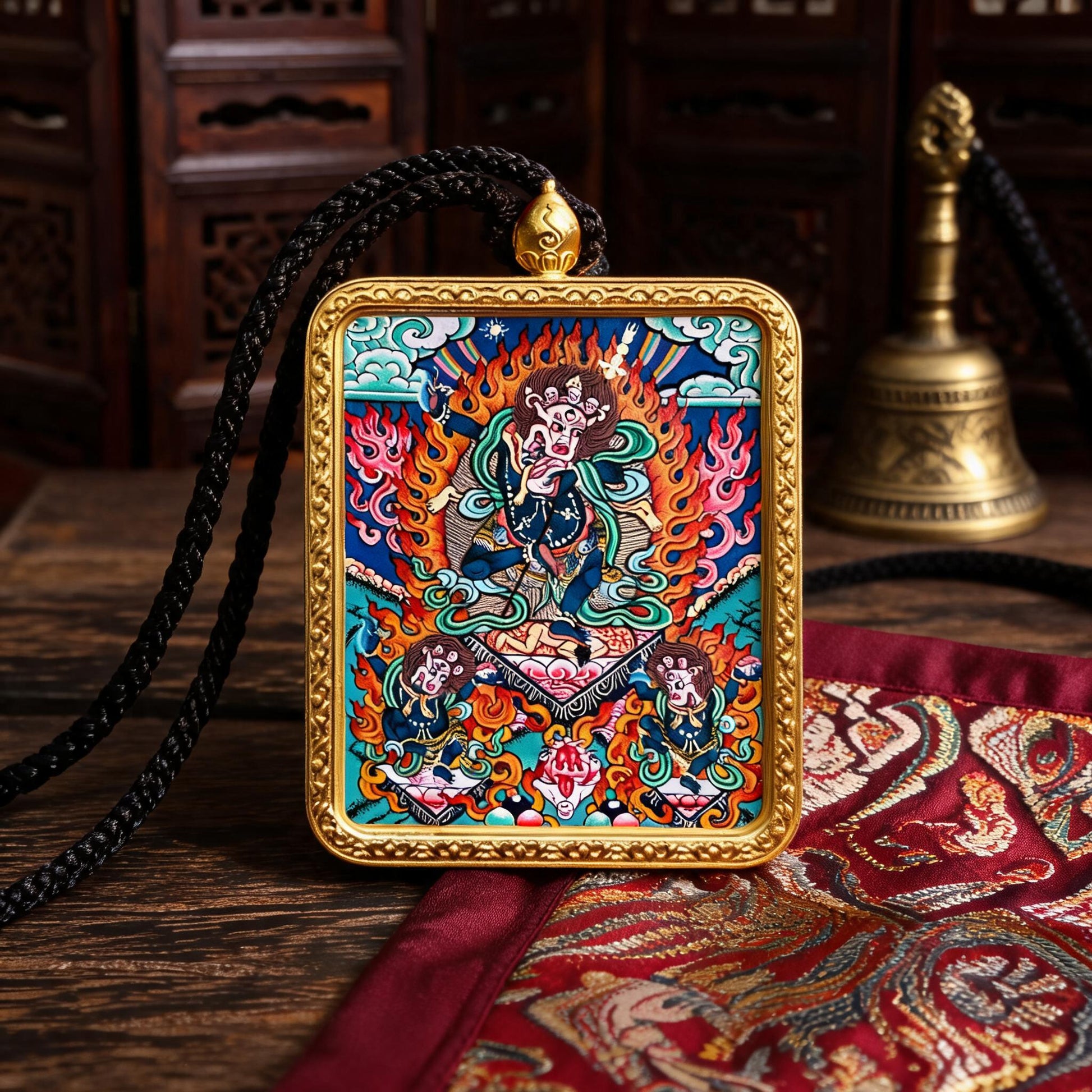 Simhamukha hand-painted Thangka pendant hand-painted macro detail