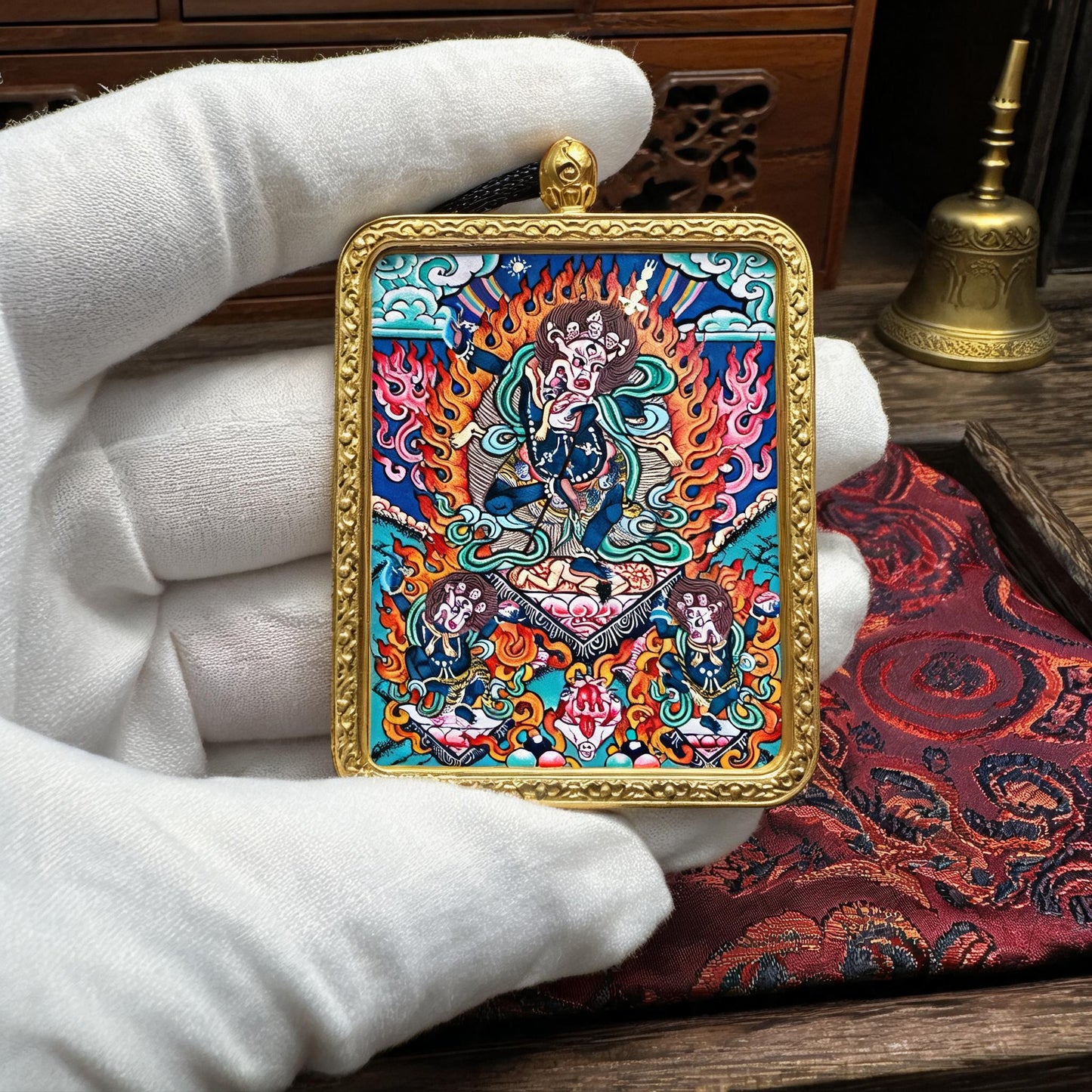 Simhamukha hand-painted Thangka pendant white-glove collector inspection