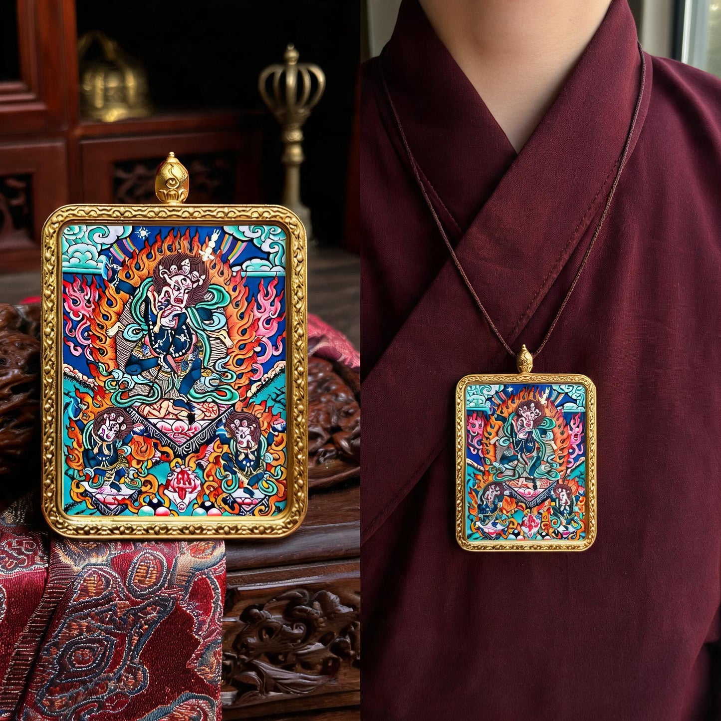 Simhamukha hand-painted Thangka pendant proportional wearing view