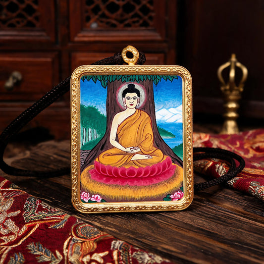 Shakyamuni Buddha hand-painted Thangka pendant front hero view