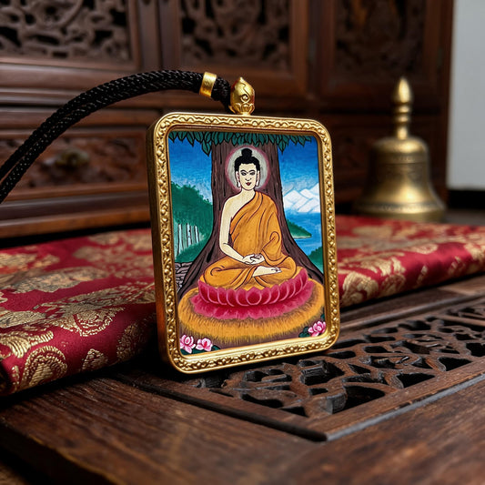Shakyamuni Buddha hand-painted Thangka pendant three-quarter side view