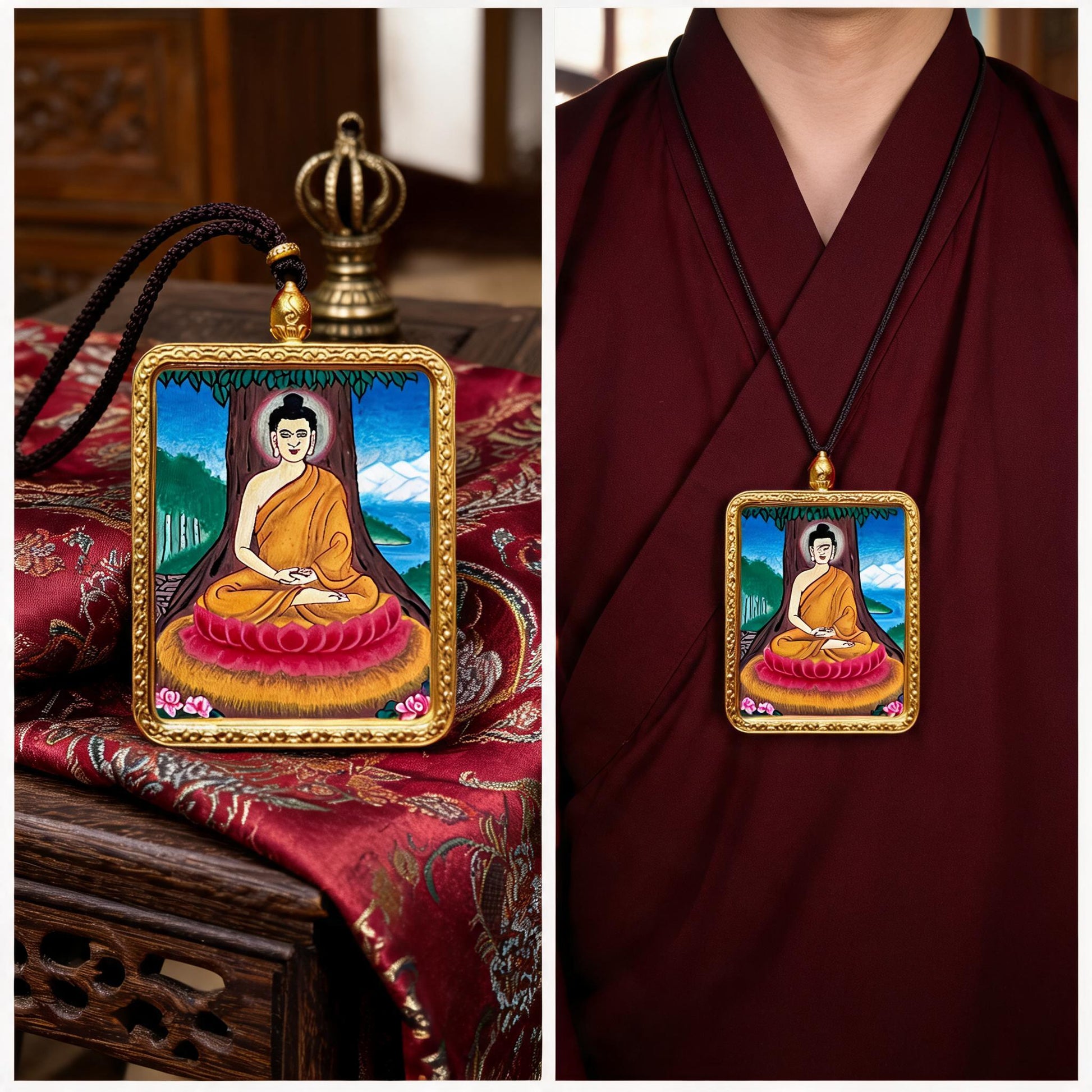 Shakyamuni Buddha hand-painted Thangka pendant proportional wearing view
