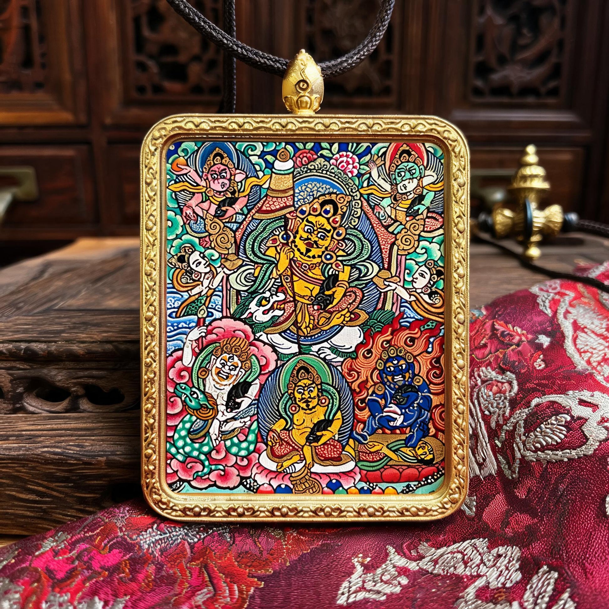 Five Jambhalas hand-painted Thangka pendant front hero view