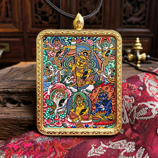 Five Jambhalas hand-painted Thangka pendant front hero view