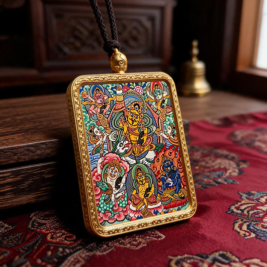 Five Jambhalas hand-painted Thangka pendant three-quarter side view