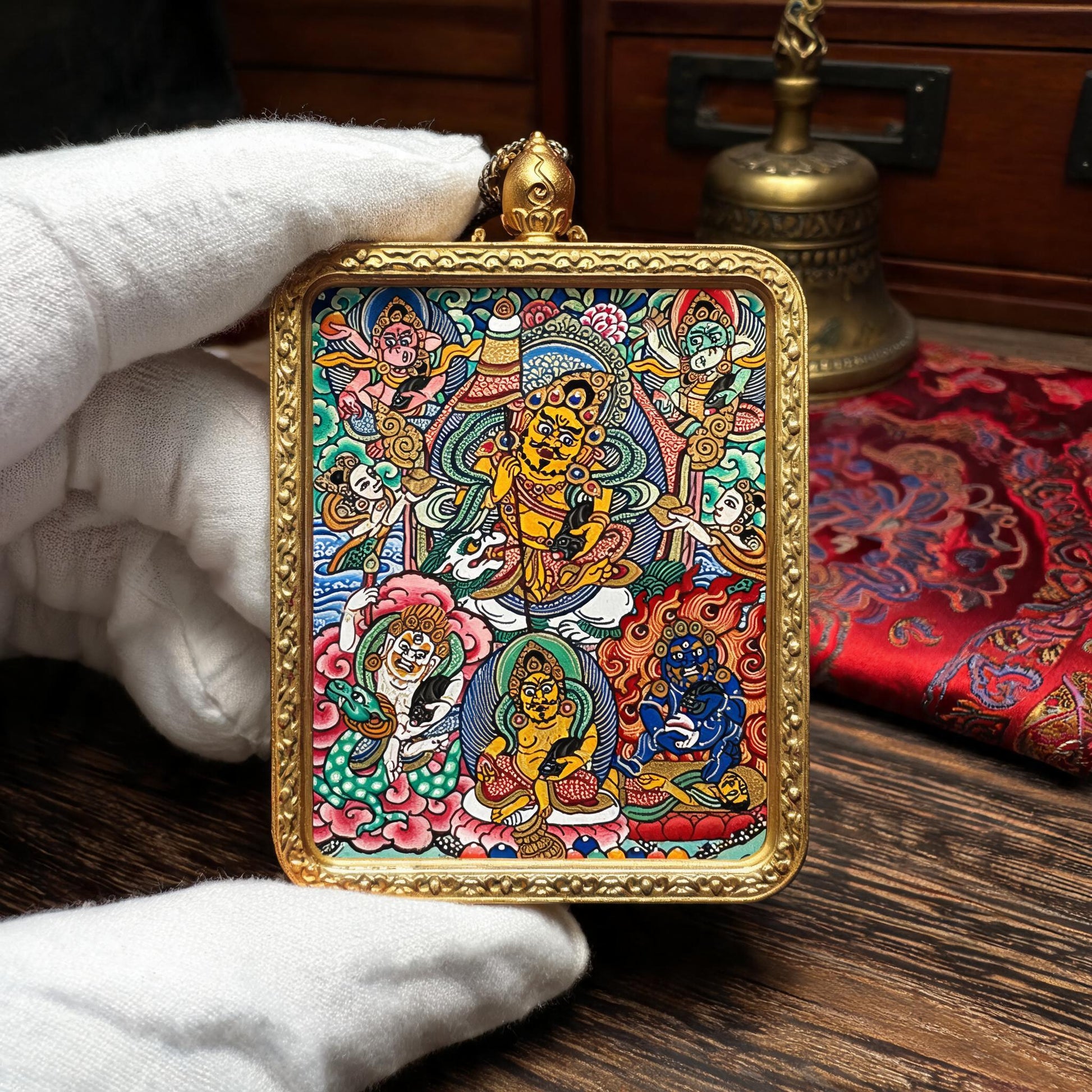 Five Jambhalas hand-painted Thangka pendant white-glove collector inspection