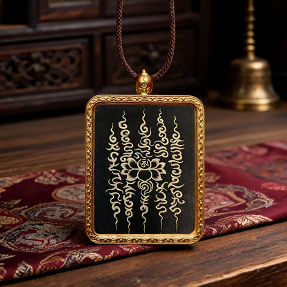 Five-Line Mantra Motif hand-painted Thangka pendant front hero view