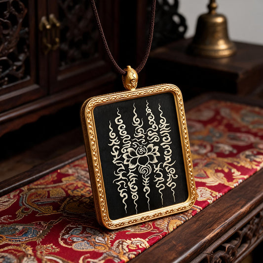 Five-Line Mantra Motif hand-painted Thangka pendant three-quarter side view