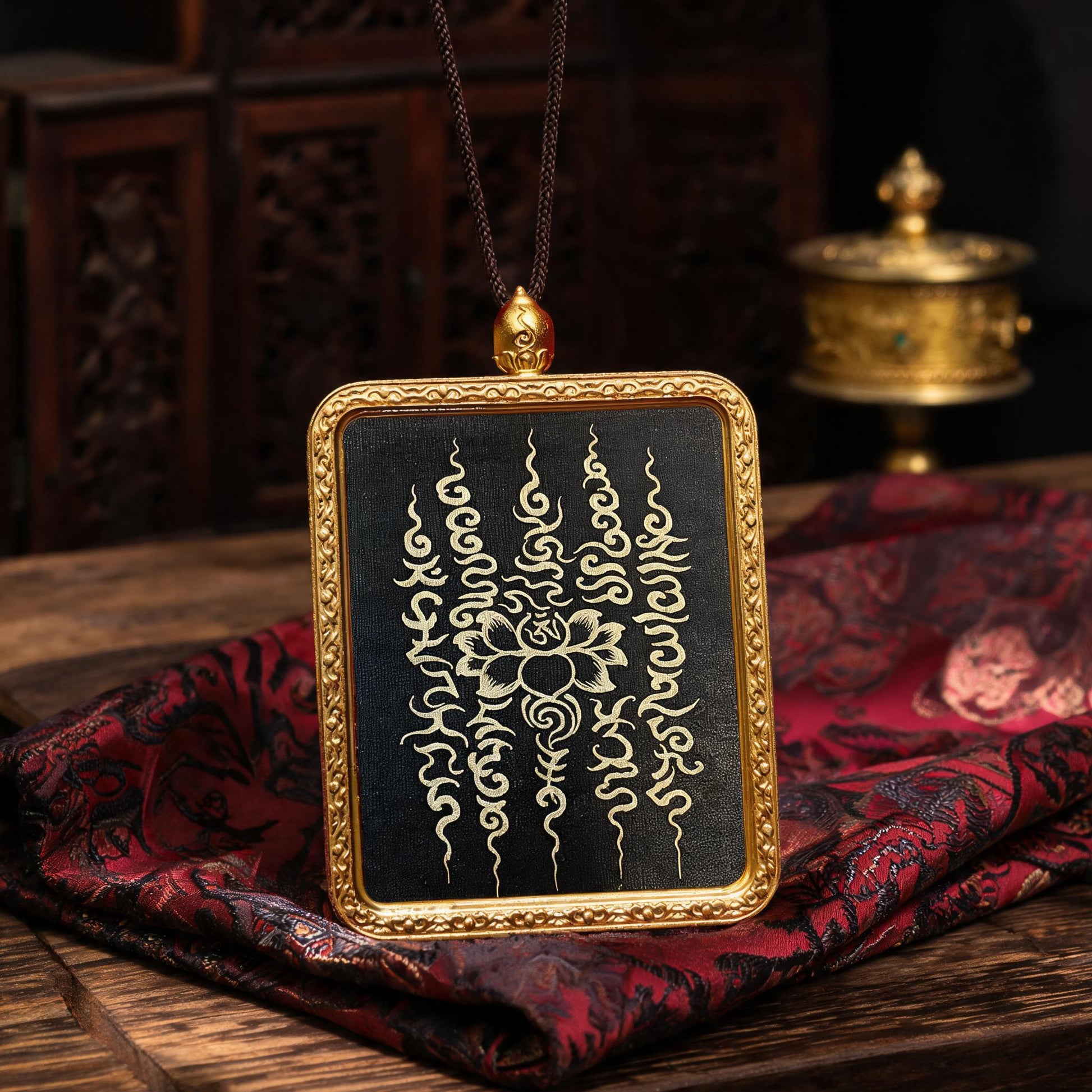 Five-Line Mantra Motif hand-painted Thangka pendant hand-painted macro detail