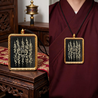Five-Line Mantra Motif hand-painted Thangka pendant proportional wearing view