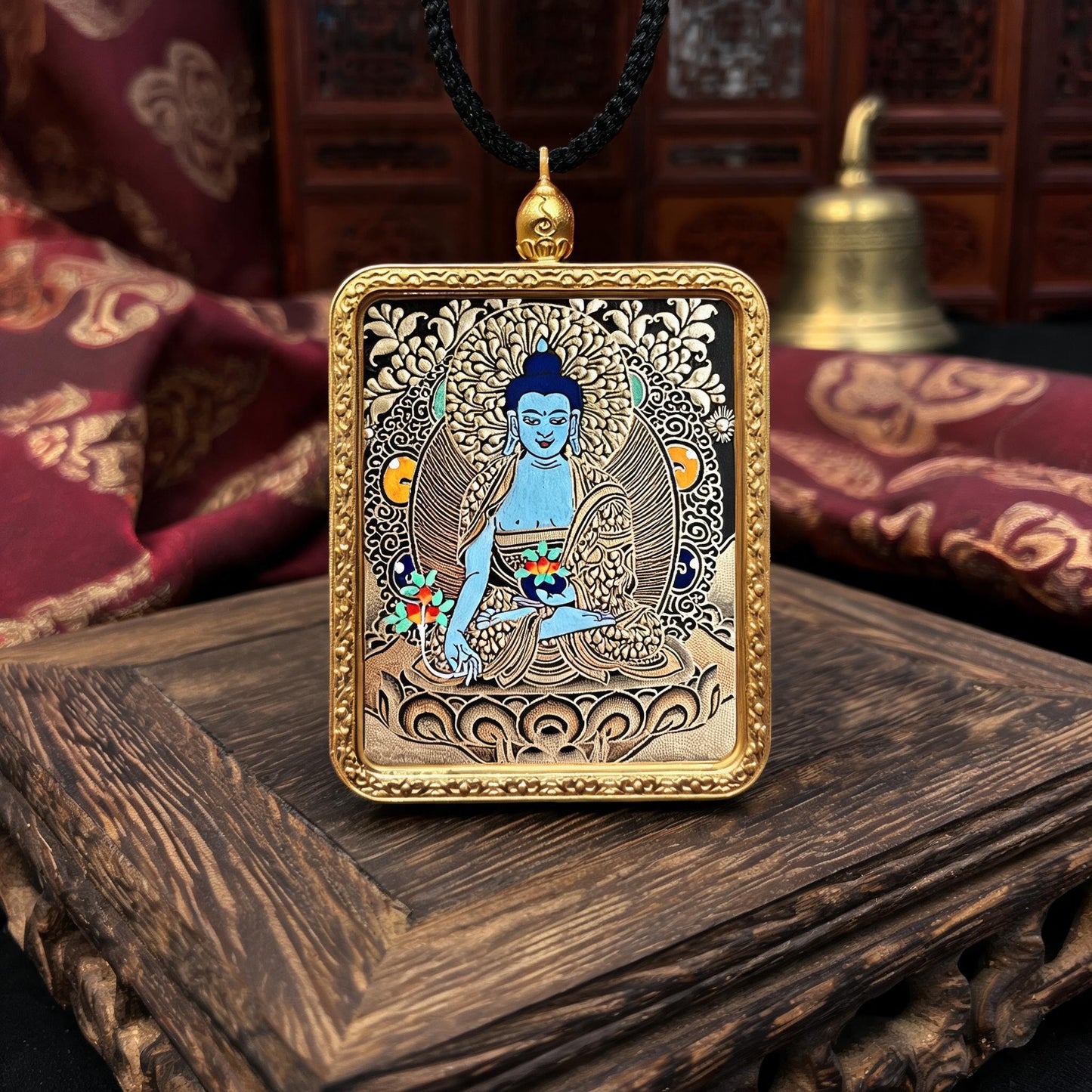 Medicine Buddha hand-painted Thangka pendant front hero view