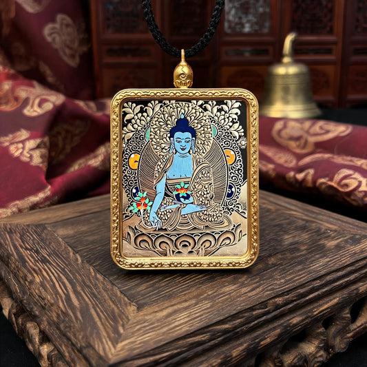 Medicine Buddha hand-painted Thangka pendant front hero view