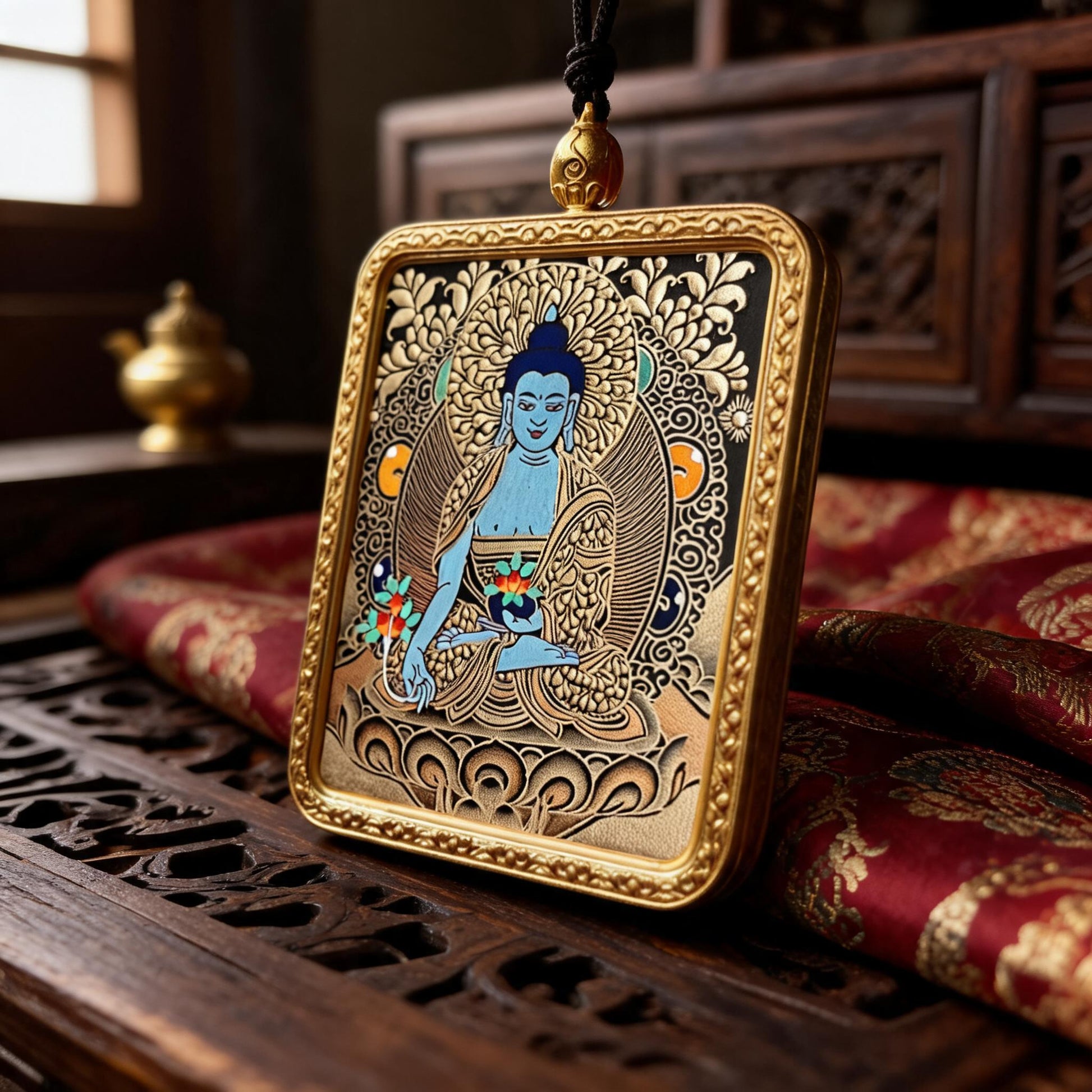 Medicine Buddha hand-painted Thangka pendant three-quarter side view