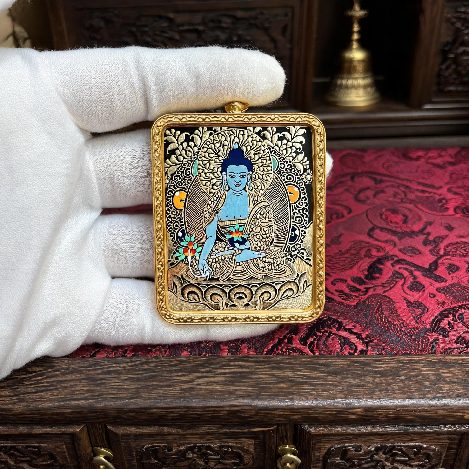 Medicine Buddha hand-painted Thangka pendant white-glove collector inspection