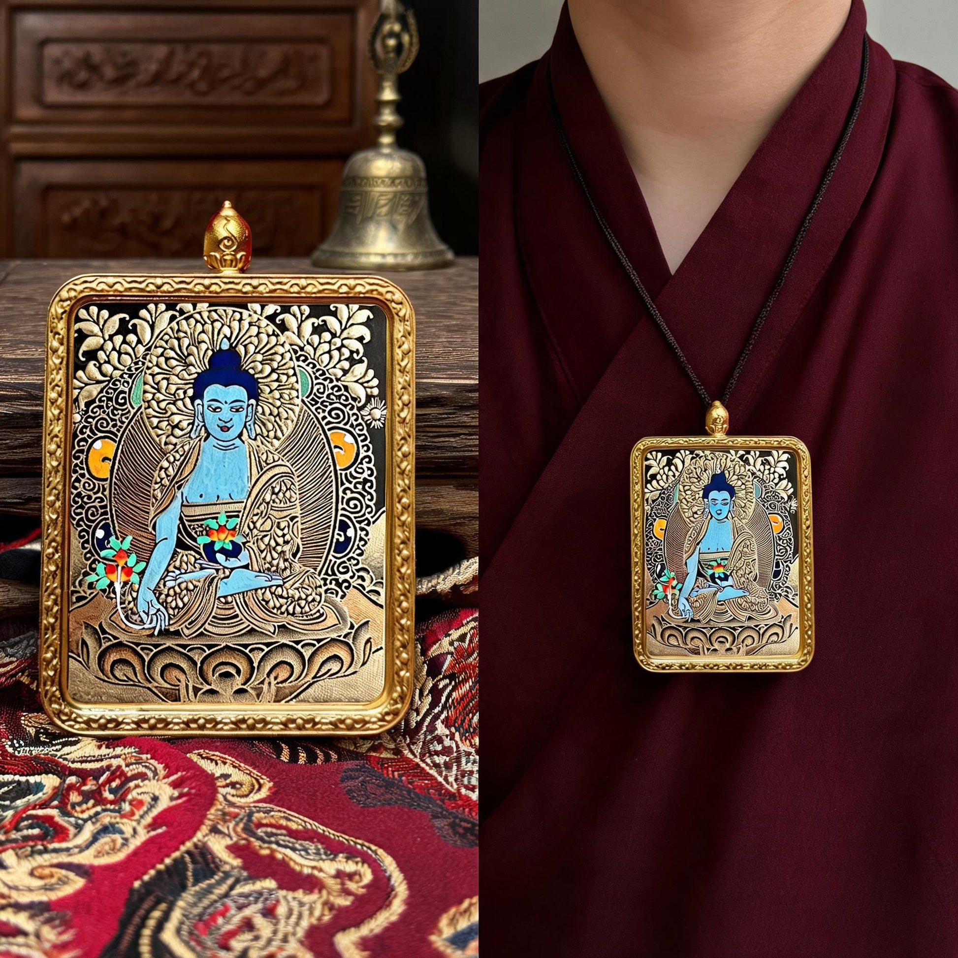 Medicine Buddha hand-painted Thangka pendant proportional wearing view