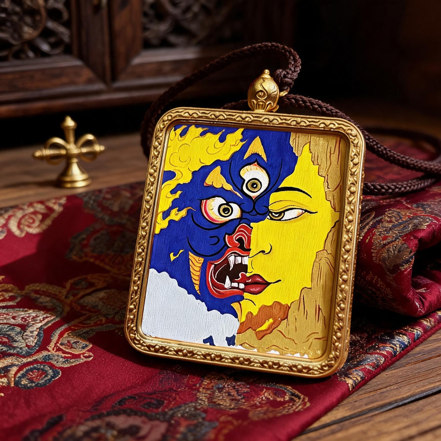 Within a Single Thought Sacred Motif hand-painted Thangka pendant hand-painted macro detail