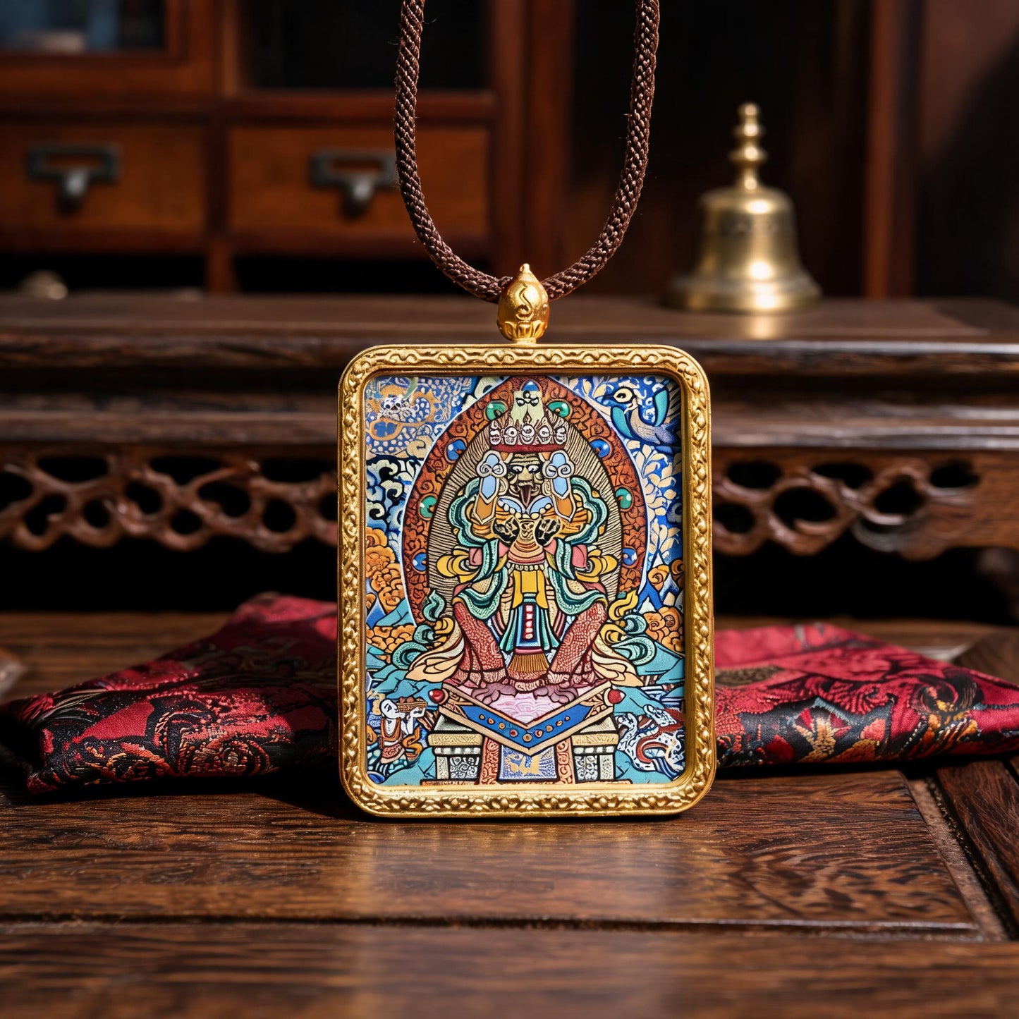 Zaki Lhamo hand-painted Thangka pendant front hero view