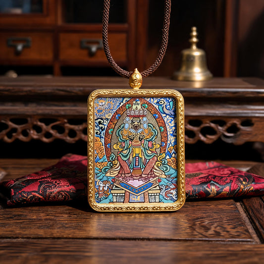 Zaki Lhamo hand-painted Thangka pendant front hero view