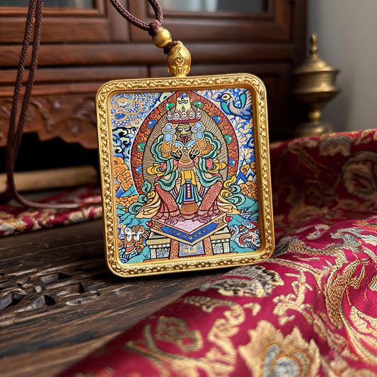 Zaki Lhamo hand-painted Thangka pendant three-quarter side view
