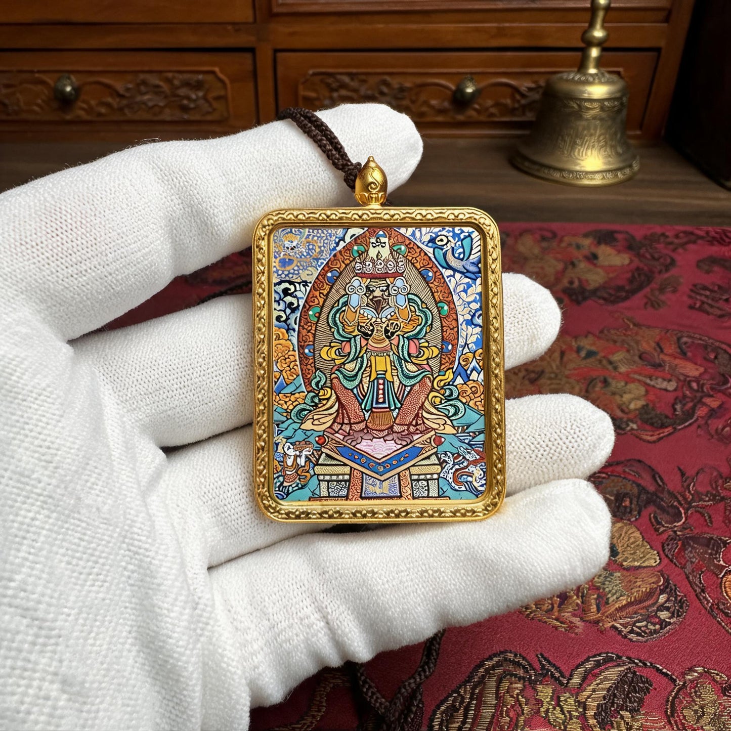 Zaki Lhamo hand-painted Thangka pendant white-glove collector inspection