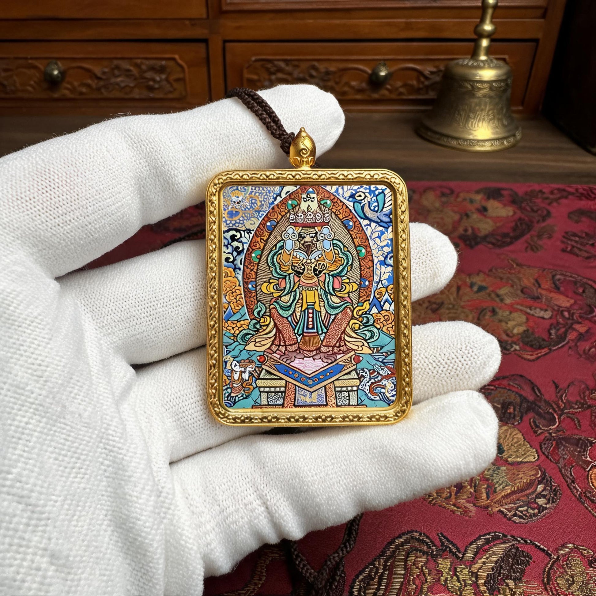 Zaki Lhamo hand-painted Thangka pendant white-glove collector inspection