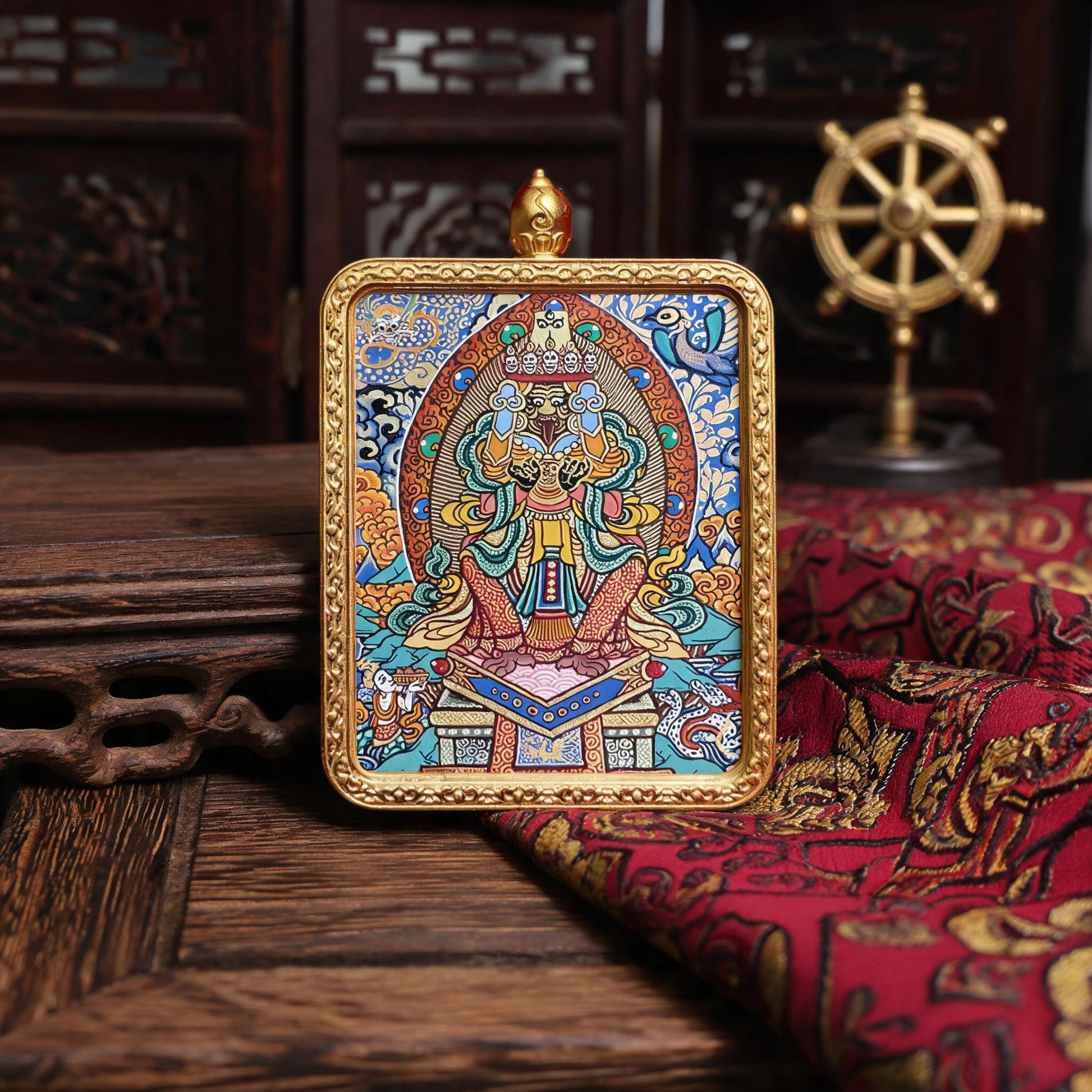 Zaki Lhamo hand-painted Thangka pendant proportional wearing view