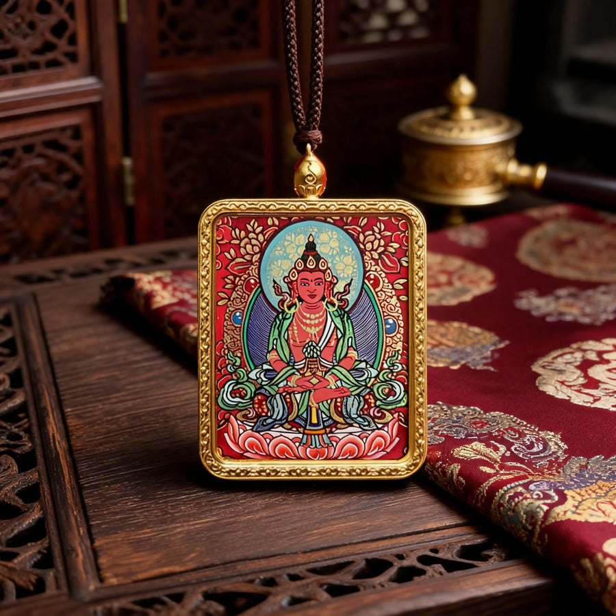 Amitayus Longevity Buddha hand-painted Thangka pendant front hero view