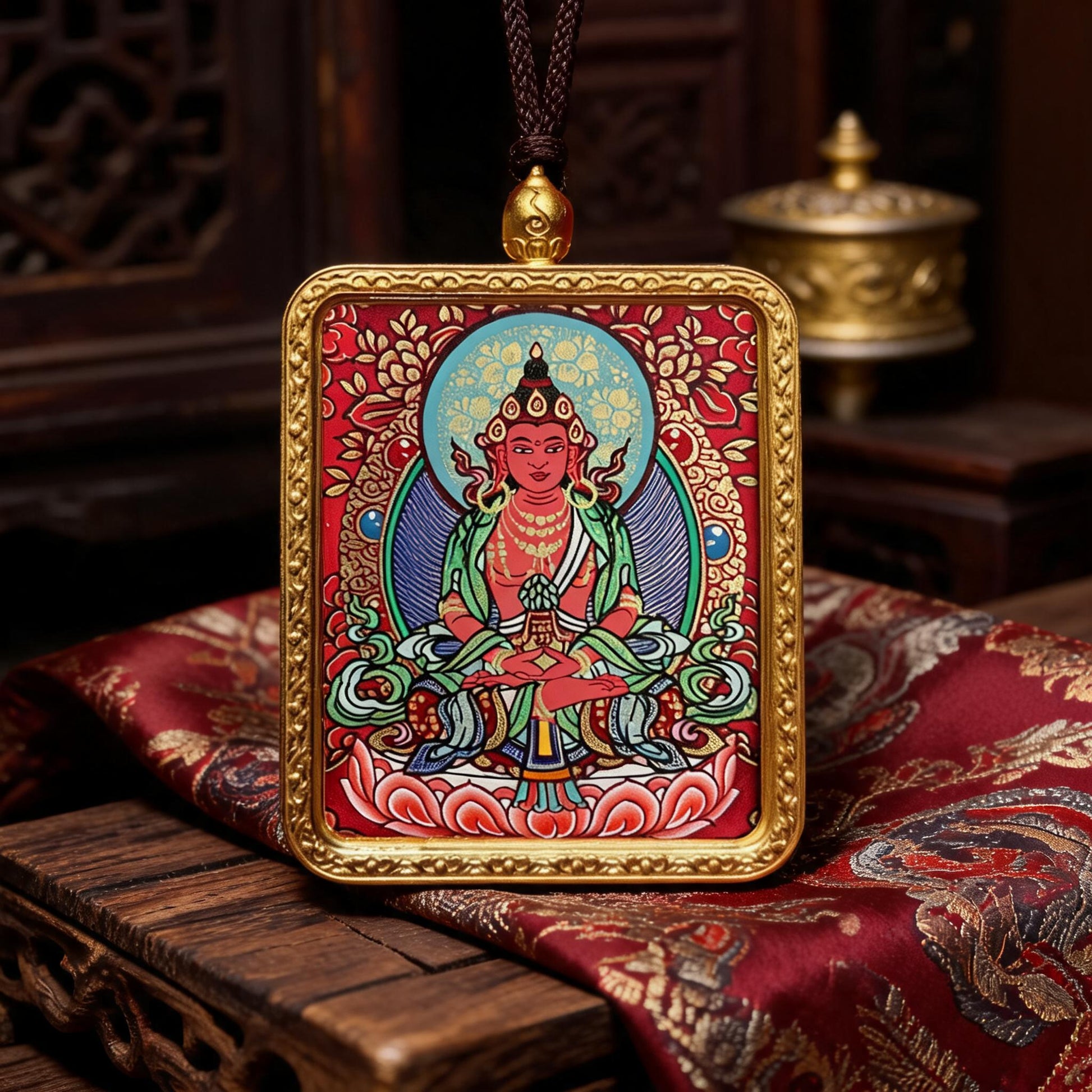 Amitayus Longevity Buddha hand-painted Thangka pendant hand-painted macro detail