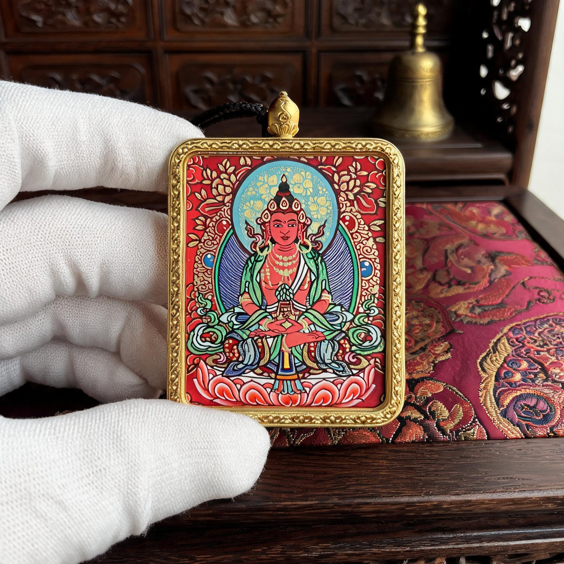 Amitayus Longevity Buddha hand-painted Thangka pendant white-glove collector inspection