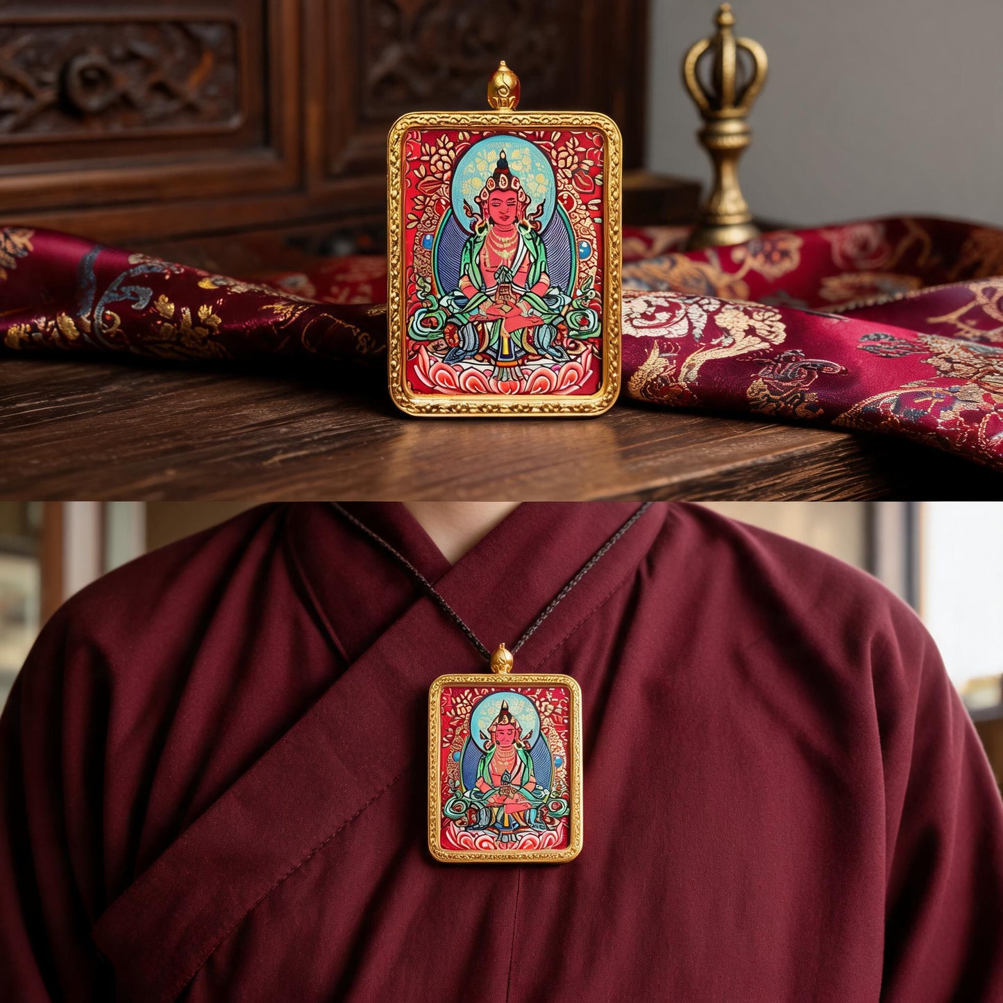 Amitayus Longevity Buddha hand-painted Thangka pendant proportional wearing view
