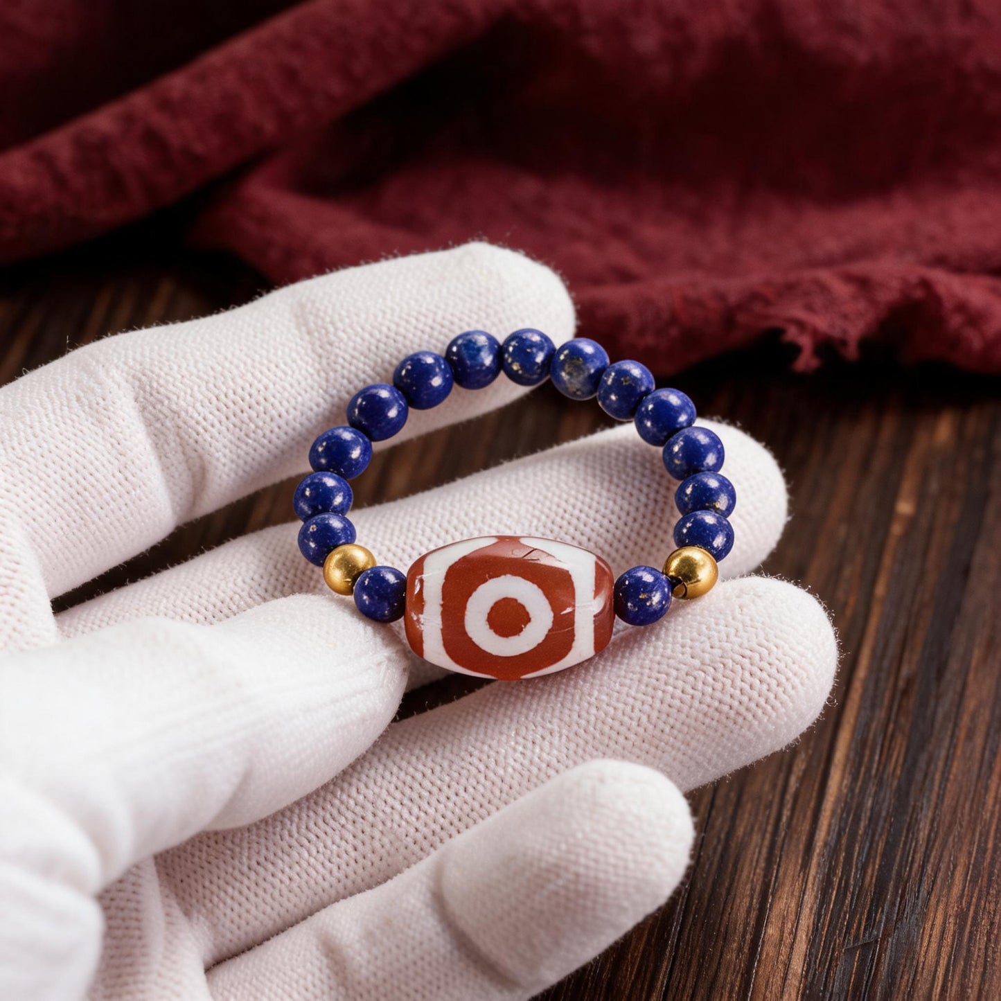 Lapis Lazuli Three-Eye Agate Bead Ring white-glove inspection