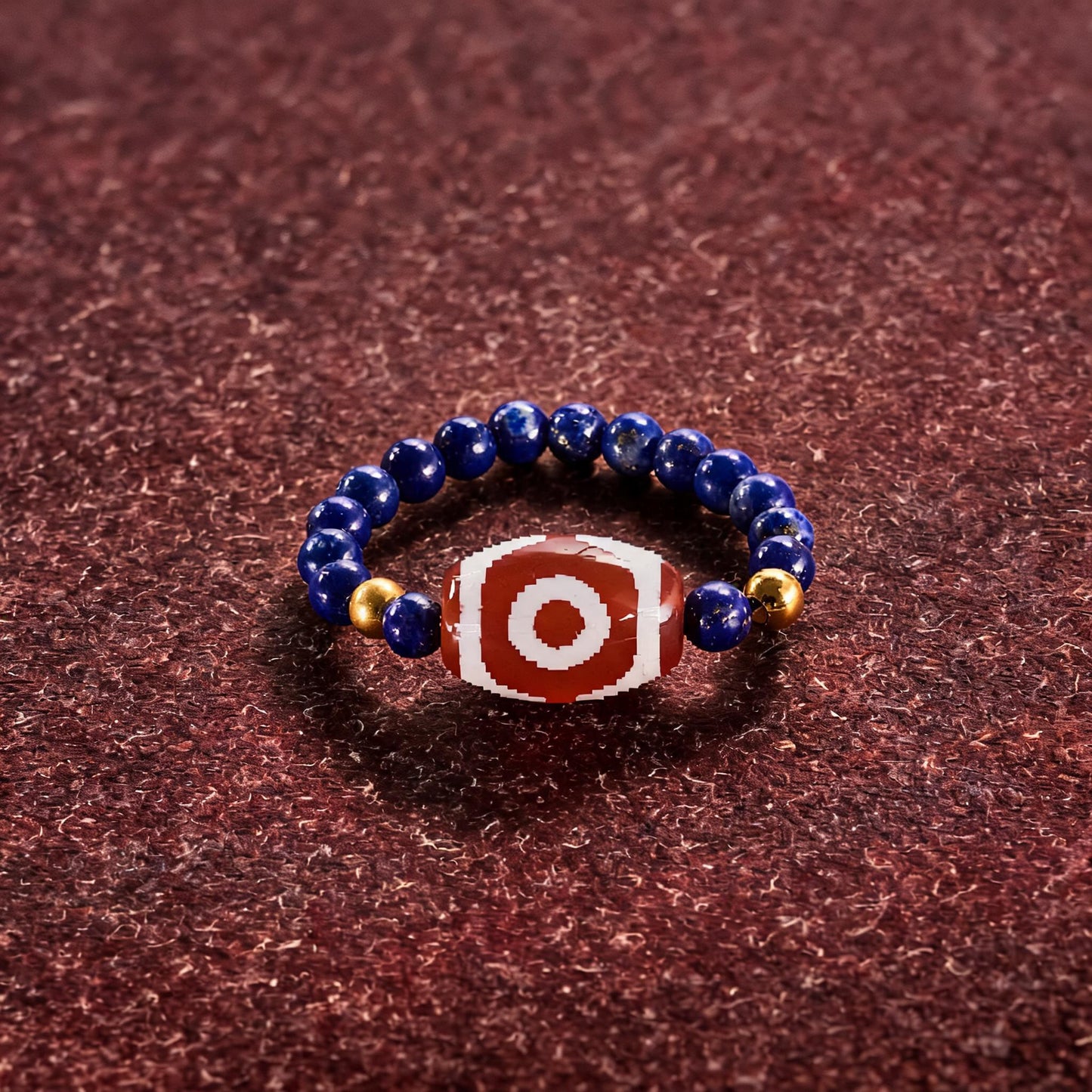 Lapis Lazuli Three-Eye Agate Bead Ring proportional wearing view