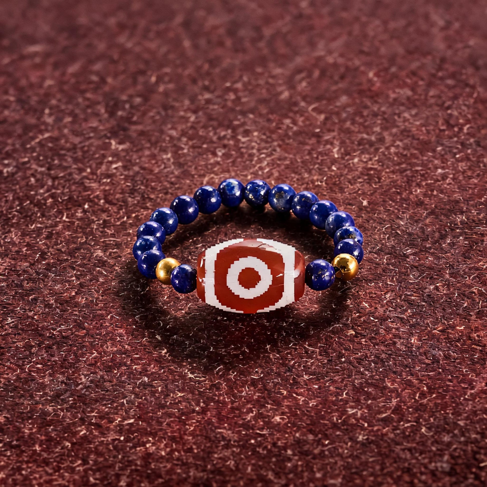 Lapis Lazuli Three-Eye Agate Bead Ring proportional wearing view