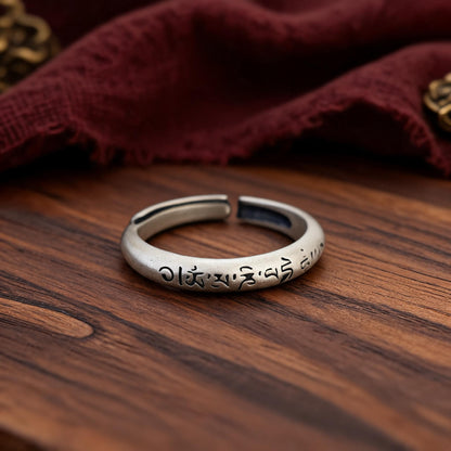 S925 Silver Six-Syllable Mantra Adjustable Ring front hero view
