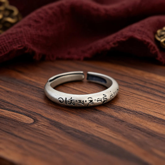 S925 Silver Six-Syllable Mantra Adjustable Ring front hero view