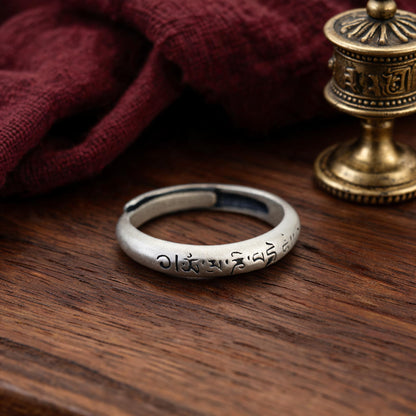 S925 Silver Six-Syllable Mantra Adjustable Ring three-quarter view